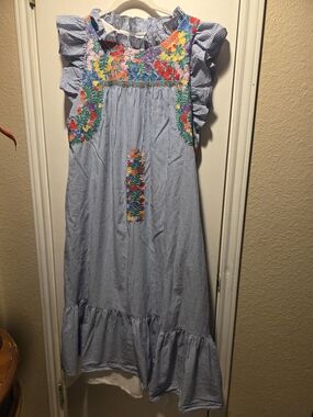 Blue Pinstripe Casual Midi Dress with Multicolor Floral Smocking